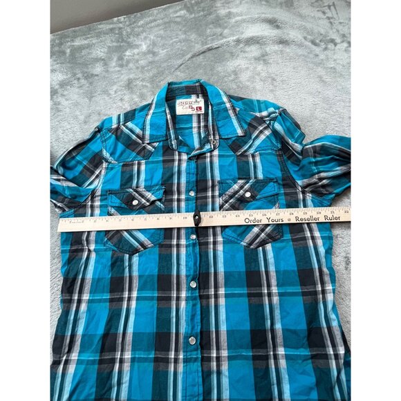 JNCO Crown Brand Mens Large Turquoise Plaid Button-Up Shirt Grunge Y2K Rapper - Picture 4 of 10
